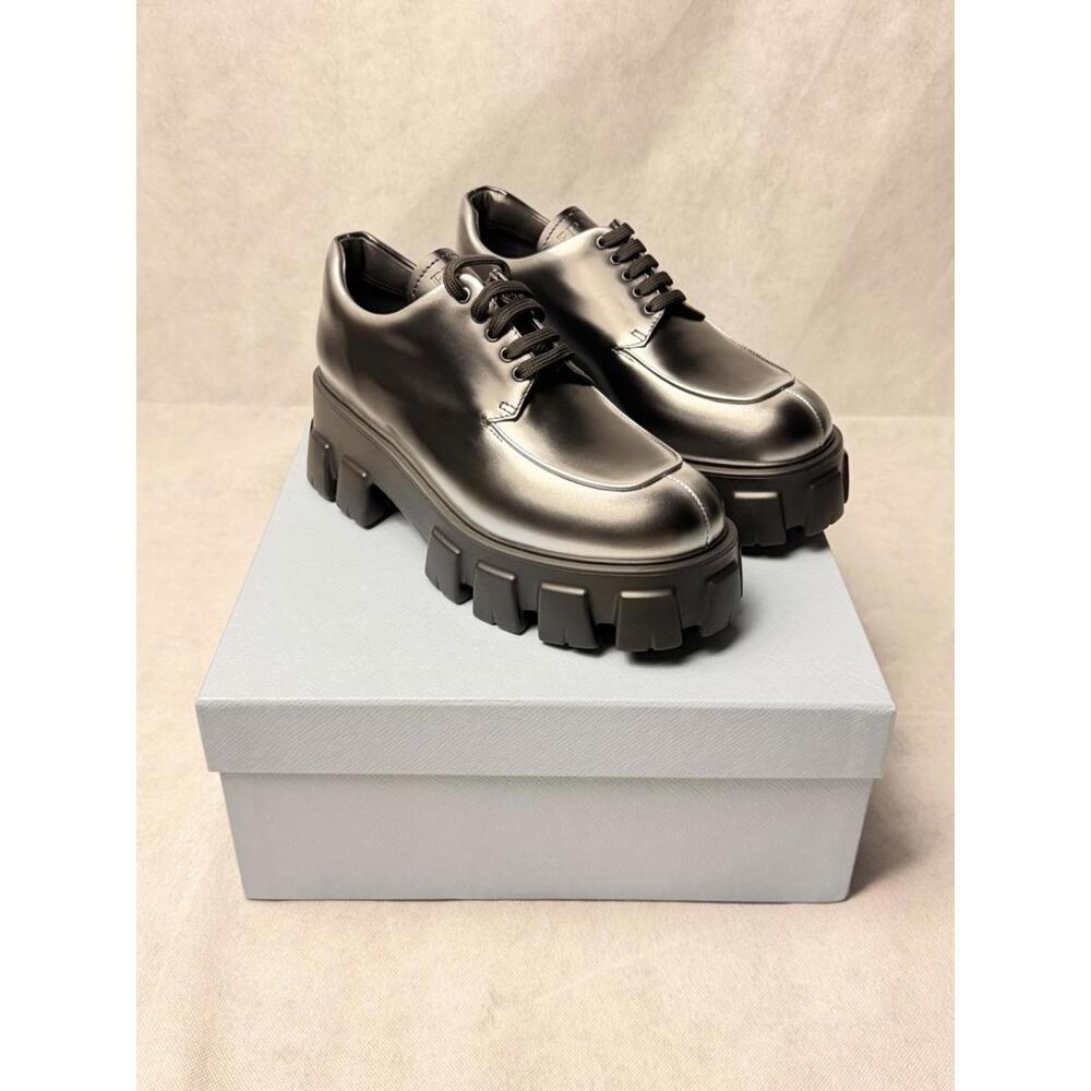 Prada Monolith Brushed Leather Derby Shoes SZ EU 40 / US 7 Argento Brand New